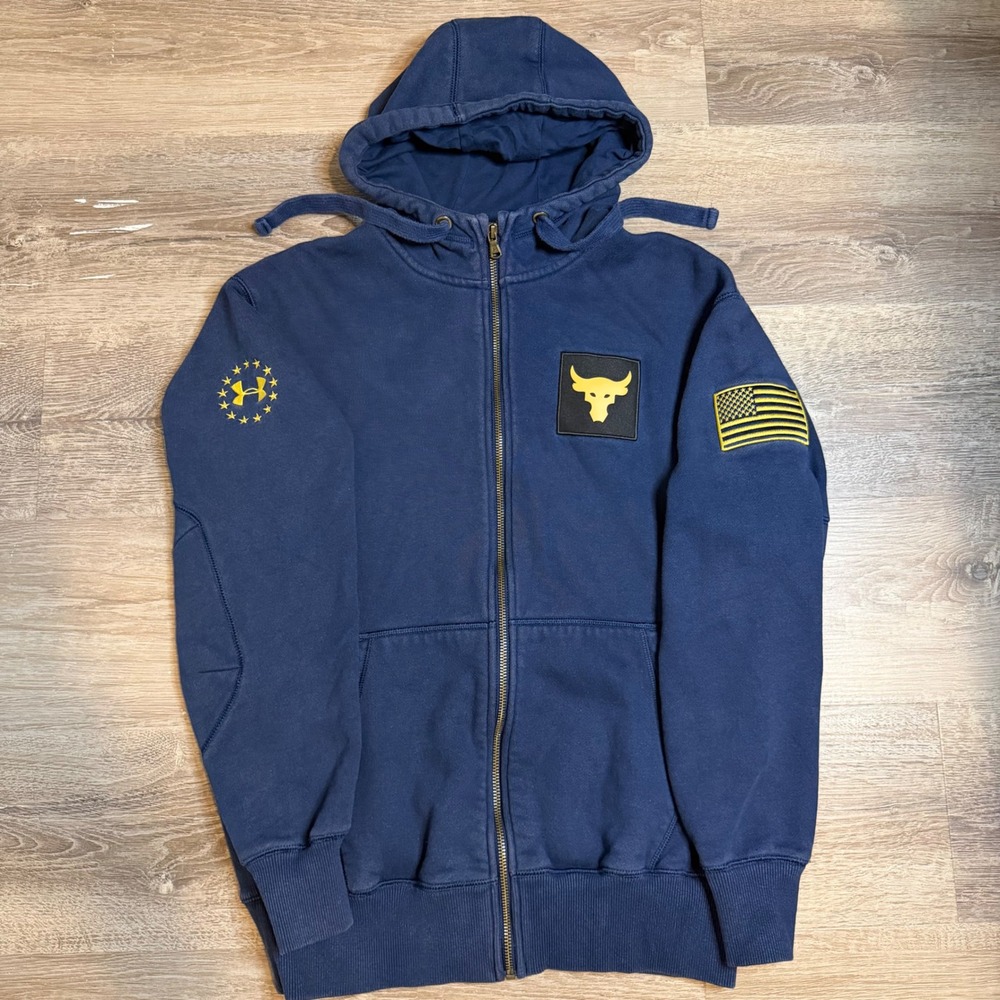 Under Armour Project Rock Brahma Bull Full Zip Hoodie Navy Blue Mens Small SM